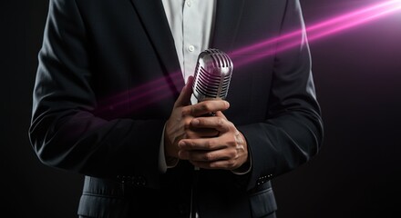 A sharp-dressed professional grips a vintage microphone, dramatically lit by a purple flare. Poised to command the stage for an impactful speech, captivating performance, or crucial broadcast