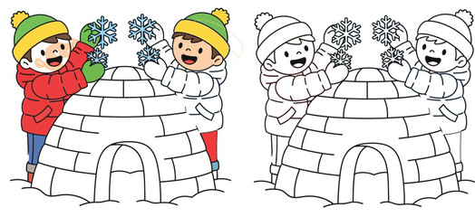 Two Enthusiastic Kids Building an Igloo and Decorating with Snowflakes in Winte