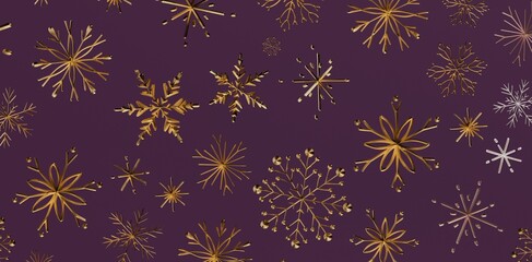 Abstract golden snowflakes on a deep purple background. Perfect for Christmas, winter, holiday greetings, and festive designs. Luxurious, elegan