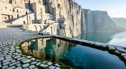 Ancient cliffside village with pool reflecting the architecture and sky