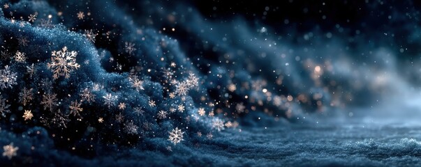 Magical glowing snowflakes on a serene winter landscape under a starry sky