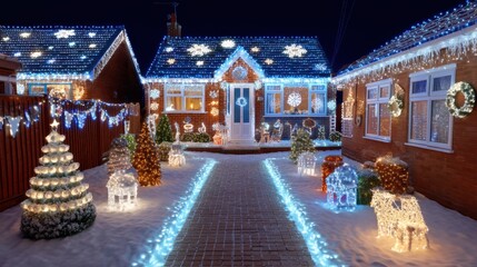 Fototapeta premium Beautifully Decorated Yard with Glowing Christmas Lights and Ornaments Creating a Magical Winter Wonderland Atmosphere