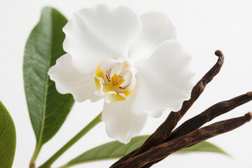 A pristine white orchid in full bloom with soft wavy petals and a bright yellow center, elegantly displayed above vibrant green leaves and dark brown vanilla bean pods on a clean white background.