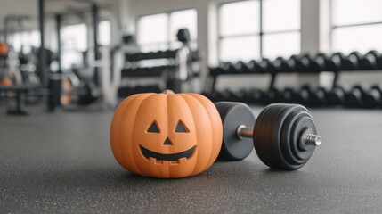 Halloween-themed gym setup featuring a smiling pumpkin decoration next to a dumbbell in a fitness studio with a modern design