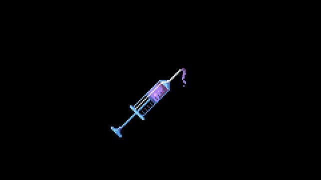 ドット絵の液体が垂れる注射器,透過背景,紫