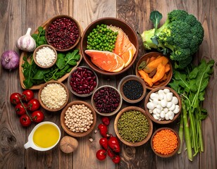 Assorted colorful food ingredients displayed in small wooden bowls