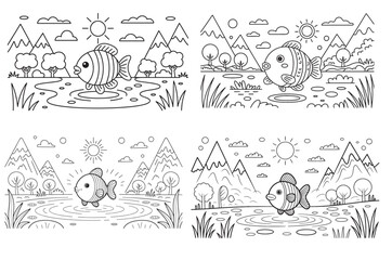 Four cute black and white line art scenes of nature with animals and mountains