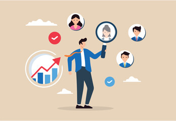 Flat illustration of businessman with magnifying glass focuses on users or client illustrating customer centric marketing strategy