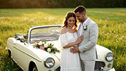 A loving newlywed couple in elegant wedding attire tenderly embracing next to a classic white convertible in a sunlit meadow at golden hour