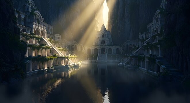 Majestic elven city of rivendell nestled in a valley with light rays shining