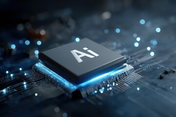 Artificial intelligence processor chip glowing on a futuristic circuit board