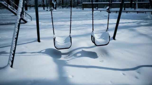 Snowy playground with empty swings gently swaying in winter breeze