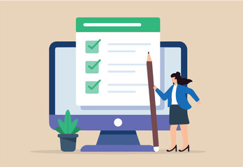 
Flat illustration of woman employee hold pencil update business checklist on computer screen