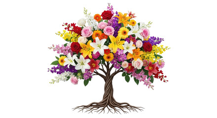 Colorful floral arrangement shaped like a tree with roots and blossoms