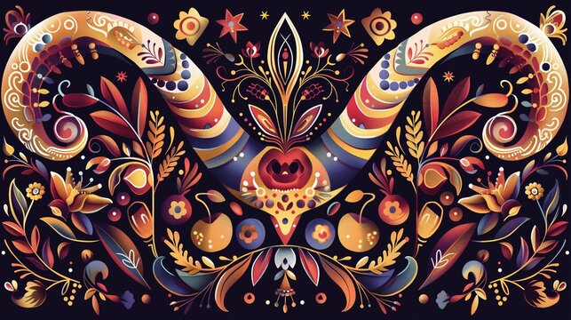 Rosh Hashanah and Yom Kippur,. Vibrant digital illustration of shofar (ram's horn) surrounded by autumn harvest elements, apples, honey, wheat stalks, stars of David, geometric patterns