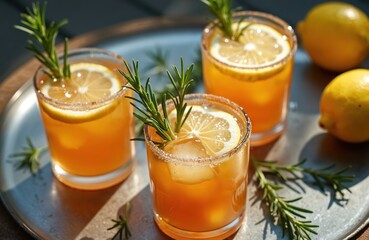 Refreshing citrus beverage with ice and rosemary sprigs in glasses. Lemon slices garnish cocktails on tray. Summer drink on sunny day. Fresh citrus cocktail serves for party occasion.