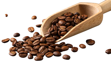 Naklejka premium Roasted Coffee Beans: A close-up shot of freshly roasted coffee beans spilling from a wooden scoop, the rich texture and aromatic promise of the beans tantalizing the senses. 