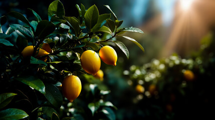 A close-up photograph of a tree with yellow fruits hanging from its branches set against a blurred background that suggests a sunlit environment
