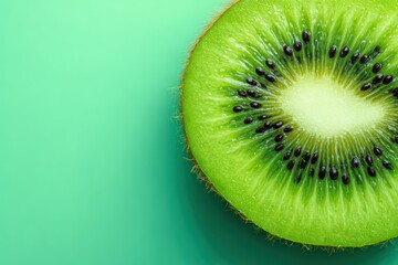 Cross section of a vibrant green fruit slice displays small black seeds against a solid colored background