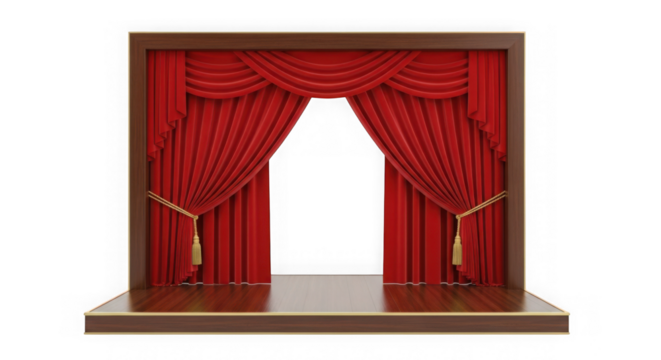Red velvet theater stage curtains opening on a wooden platform isolated on transparent background