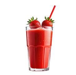 Tall glass with strawberry smoothie, topped with fresh fruit and straw