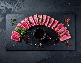 Tuna Slices on Stone Plate: A gourmet arrangement of expertly sliced tuna, showcasing vibrant red hues and meticulous presentation, offering a tantalizing glimpse into culinary artistry.
