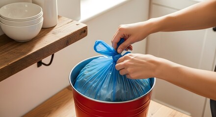 Person tying blue garbage bag inside red trash bin in clean kitchen, waste disposal and home cleanliness concept