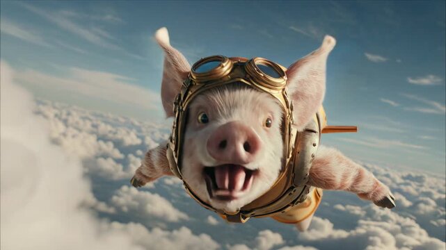 Un cerdo con gafas de aviador vuela entre las nubes, irradiando alegr&iacute;a y aventura.