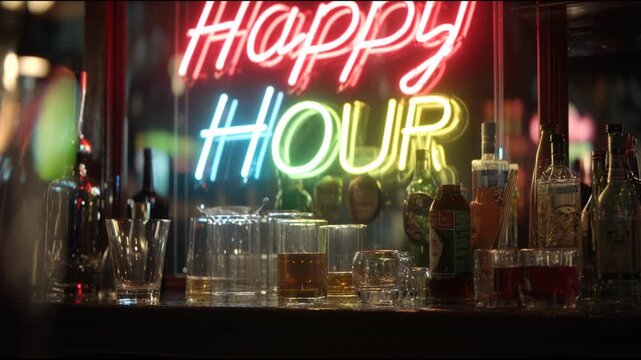 Una barra de bar iluminada con luces de ne&oacute;n y una variedad de botellas.