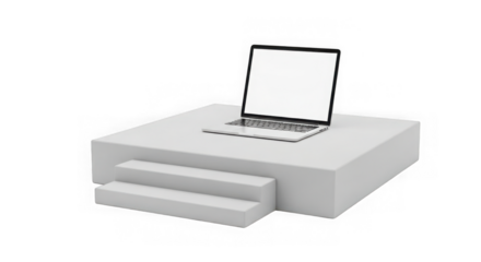 Modern white podium with open laptop isolated on transparent background