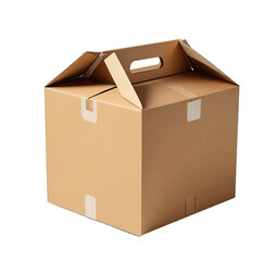 Cardboard box with handle, flaps open, isolated on black background