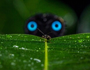 Intriguing Insect Eyes: Macro shot captures an insect with striking electric blue eyes peering curiously over a leaf, showcasing nature's artistry. 