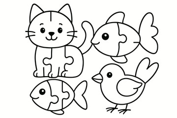 Naklejka premium Animal Puzzle Coloring. Animal puzzle game children?s coloring book illustration, outlined drawing, friendly animal shapes like a cat, fish, and bird made from