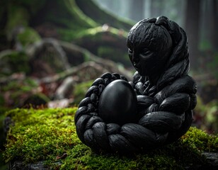 Mystical Guardian of the Forest: In a tranquil woodland setting, a mysterious statue cradles a dark egg, symbolizing protection and the hidden power within.  