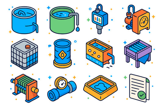 Industrial Wastewater Icons. Industrial wastewater control. Colorful isometric vector icons set of Industrial wastewater control: equalization tank,