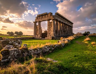 Obraz premium Ancient ruins, dramatic sky, golden hour light bathes the columns