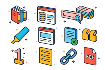 Research Icon Set. Research and citations. Colorful isometric vector icons set of Research and citations: library books, online database window, keyword search