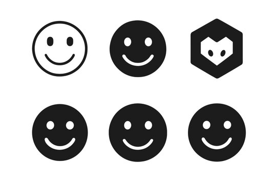 Smiling Face Logos. Reading Emotions. Set Logo of Smiling Face: Minimal outline, Filled silhouette, Abstract geometric, Negative space, Flat solid, Symmetrical