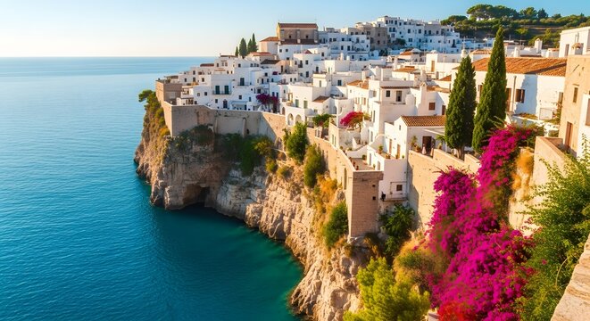 Picturesque coastal town of polignano a mare in puglia, italy on a sunny day