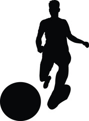 Silhouette of a soccer player dribbling a plain black ball on a white background football