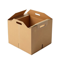 Brown cardboard box, open with cutout handles, dark background