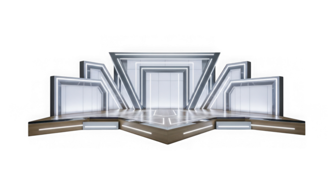 Futuristic stage design with geometric shapes and lighting isolated on transparent background