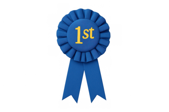 Blue award ribbon with gold 1st text, symbolizing winning, achievement, and first place recognition