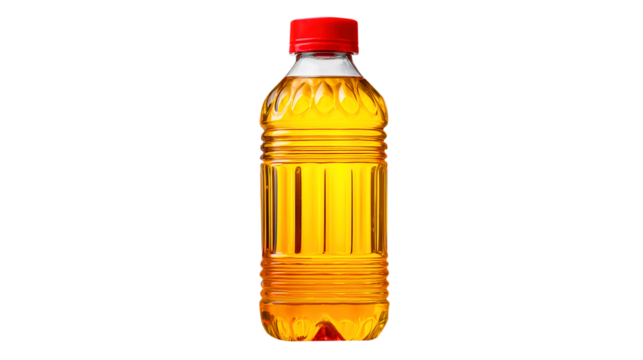 Plastic bottle filled with golden liquid and red cap isolated on a transparent background