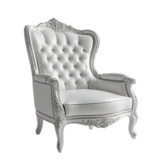 Ornate, button-tufted high-back armchair in white against a black backdrop