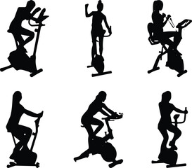 Black silhouette icons of people using different exercise bikes including upright, recumbent, spin, and elliptical for indoor fitness