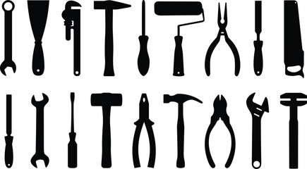 Black silhouette icon set of common hand tools including wrench, screwdriver, pliers, saw, mallet, and paint roller