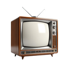 A vintage television with a wood-grain case and silver accents