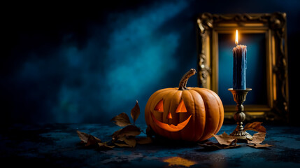 A jack-o'-lantern with a carved face sits on a table next to a lit candle
