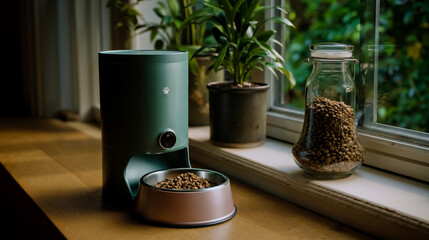 A green coffee maker and a pink bowl of coffee beans on a wooden table by a window